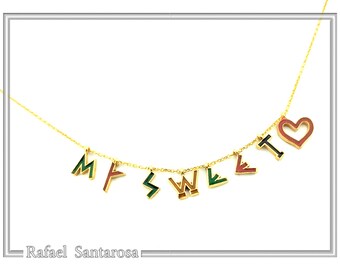 Personalized Names and Words Necklace: 18k Gold Filled Sterling Silver Enamel Colored Charm