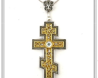 Christian orthodox silver cross with sky blue topaz with 18 karat gold filled filigree ornaments & oxidized base. Natural gem orthodox cross