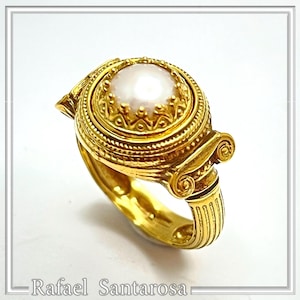 Bague en argent sterling plaqué or 18 carats avec colonne ionique et perles naturelles de la Grèce antique, inspirée d'un musée