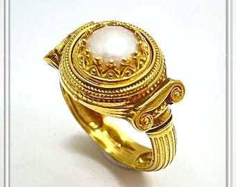 18K Gold-Filled Sterling Silver Greek Ionic Column Pearl Ring