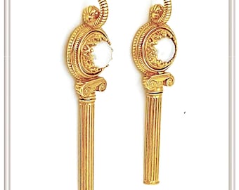 Greek Temple Column Natural Pearl Earrings: 18K Gold Filled Sterling Silver, Greek Museum Jewelry