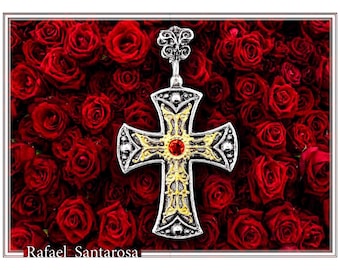 Byzantine silver cross with peridot on oxidized sterling silver 18ct gold filled with natural topaz natural garnet natural amethyst or pearl