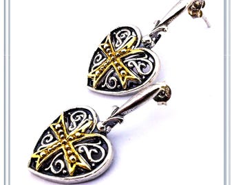 Holy Heart cross earrings sterling silver oxidized and 18 karat gold-filled. Medieval Military Order of Saint John Maltese cross earrings