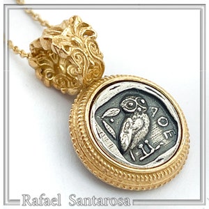 Owl coin tetradrachm pendant made of sterling silver oxidized with gold-filled antefix filigree decoration, Athena owl greek museum replicas