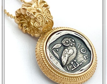 Owl coin tetradrachm pendant made of sterling silver oxidized with gold-filled antefix filigree decoration, Athena owl greek museum replicas
