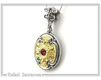 Byzantine filigree silver necklace with garnet, peridot, topaz or amethyst, silver oxidized with 18 karat gold filled filigree decoration.
