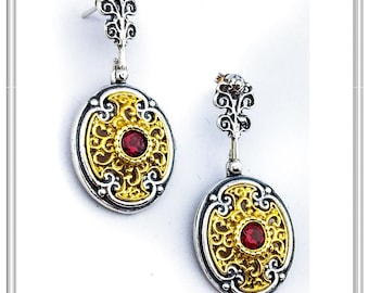 Garnet oxidized silver earrings, 18 karat gold filled silver byzantine decoration. With garnet, topaz, peridot, amethyst, pearl or lapis.