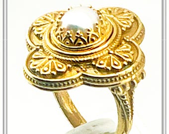 Byzantine Cross Shaped Natural Pearl Sterling Silver Ring, 18 Karat Gold Filled Handcrafted Filigree Ring with Natural Freshwater Pearl