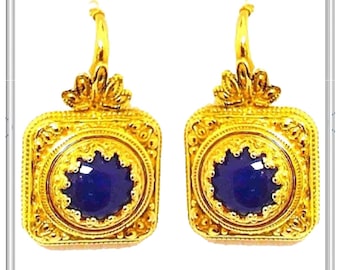 Natural lapis lazuli byzantine silver earrings 18 karat gold-filled. Byzantine filigree & granulation decoration sterling silver gold filled