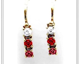 Rose flowers link drop earrings for girls, sterling silver 18 karat gold filled red pink and white rose flowers on silver linked prongs.