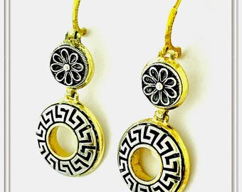 Greek Key and Greek flower Museum Earrings: 18K Gold Filled & Oxidized Sterling Silver