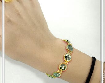 Silver beaded Greek coins bracelet, oxidized sterling silver Greek coins replicas double face on 18 carat gold filled filigree bezel base.
