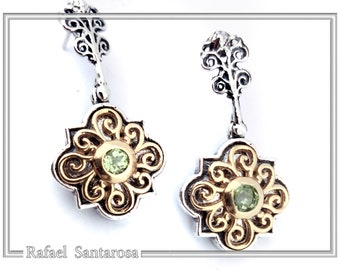 Byzantine silver earrings 18ct gold filled filigree silver decoration and genuine garnet topaz peridot or amethyst. Natural stones earrings.