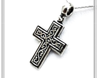 Oxidized Sterling Silver Men Cross Pendant: Byzantine Design Christian Necklace