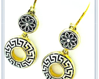 Dangle and drop silver earrings with oxidized sterling silver Greek key wreath and Greek flower ornament in 18 karat gold filled silver base