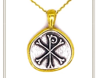 Protection coin Christian talisman Jesus Christ necklace Christogram pendant coin oxidized silver Constantinato charm museum replica