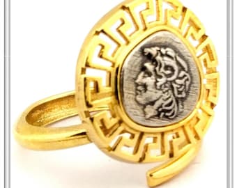 Alexander the Great adjustable ring Greek coin on oxidized sterling silver and meander wreath Greek Key on 18 karat gold filled silver