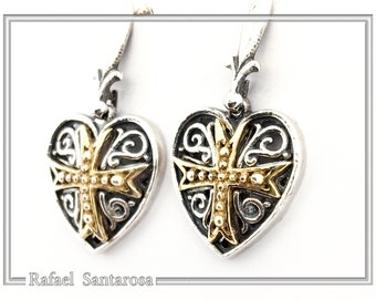Heart shape cross earrings on sterling silver oxidized and gold-filled. Medieval Military Order of Saint John Maltese cross drop earrings.
