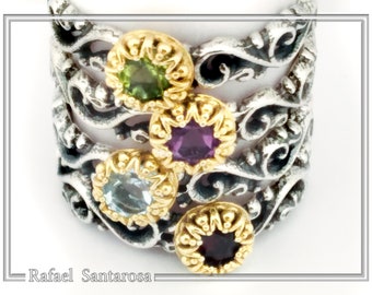 Oxidized Sterling Silver Stacking Ring: Gemstone & Gold Bezel