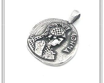 Athena Goddess Greek coin pendant, Athena protector wearing Corinthian helmet made of sterling silver oxidized, ancient Greek museum replica