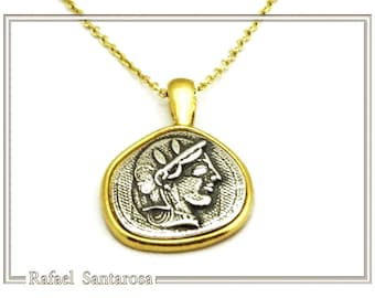 Athena Goddess Coin Pendant: Oxidized Silver & 18K Gold, Greek Replica Necklace