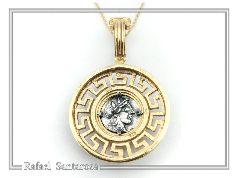 Athener Eule Münzanhänger: 18k vergoldete Sterling Silber Halskette mit griechischem Schlüssel Bild 7