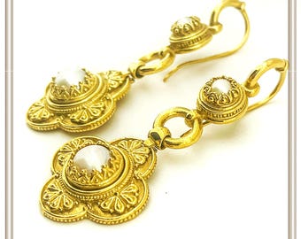 Natural pearl byzantine cross shaped Dangle and Drop silver Earrings 18 karat gold-filled with Byzantine filigree & granulation decoration.