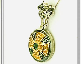 Byzantine silver cross with sky blue topaz set in 18 karat gold filled filigree silver bezel and oxidized base. Natural gem orthodox cross.