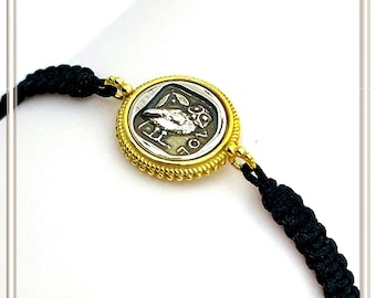 Owl Coin Bracelet Macrame Cord 18K Gold Filigree Base, Oxidized Sterling Silver Tetradrachm coin