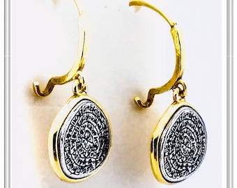 Phaistos Disc Coin Sterling Silver Drop Earrings. Ancient Greek calendar Inspired, Oxidized & 18 karat Gold Filled, Museum Replica Jewelry.