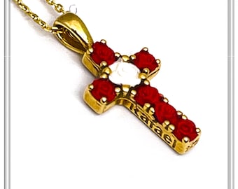 Tiny Cross Necklace: Hand Sculpted Alabaster Rose Flowers 18K Gold Filled Sterling Silver Cross