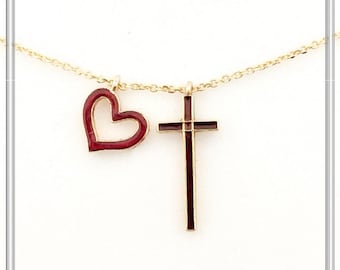 I Love Jesus Cross & Heart Minimalistic Necklace: Red Enamel, Sterling Silver 18K Gold Filled