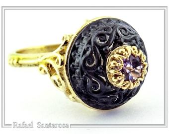 Byzantine statement ring, 18 karat gold filled & dark oxidized sterling silver with natural topaz, garnet, peridot, amethyst, pearl or lapis