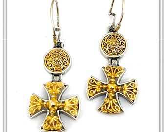 Byzantine religious statement handmade cross earrings, sterling silver 18K gold filled
