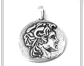 Alexander the Great tetradrachm coin sterling silver pendant with head of deified Alexander, Ancient Greek museum replica of Lysimachus coin