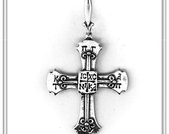 Orthodox Christian monastery Holly Mount cross, oxidized solid sterling silver, protection cross Jesus Christ Conquers Christogram talisman.