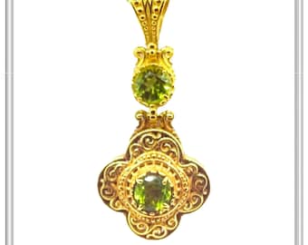 Byzantine Cross Pendant Sterling Silver 18k Gold Filled Peridot 5mm Gemstone Brilliant Cut Necklace