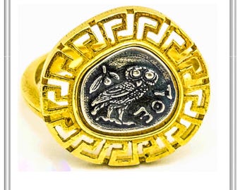 Owl of Athena goddess adjustable ring, tetradrachm oxidized silver coin with Greek Key wreath decoration made of 18 karat gold filled silver