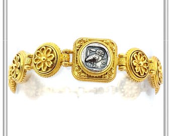 Owl Coin Bracelet Oxidized Sterling Silver with 18 karat Gold Filled Filigree and Greek Flower Design, Ancient Greek Jewelry Museum Inspired