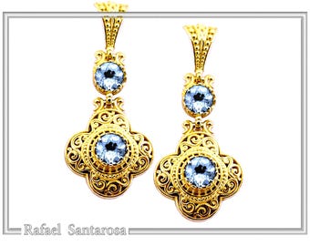 Byzantine filigree drop earrings sterling silver 18 karat gold-filled with natural topaz, amethyst, peridot or garnet.