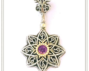 Byzantine silver filigree necklace with natural amethyst, peridot, garnet or topaz, silver oxidized with 18 karat gold filled filigree bezel