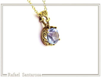 18K solid Gold Filigree delicate Byzantine Pendant: Sky Blue Topaz Filigree Charm