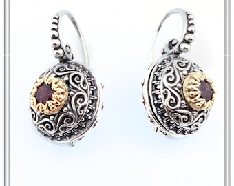 Byzantine silver earrings oxidisad and 18 karat gold filled filigree silver bezel with natural topaz, peridot, garnet, amethyst, lapis, pear