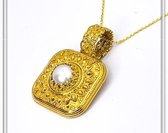 Genuine pearl Byzantine Filigree handmade Pendant: Sterling Silver 18K Gold Filled