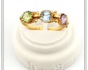 Filigree Byzantine Genuine Amethyst, Topaz & Peridot beaded Ring: Sterling Silver 18k Gold Filled