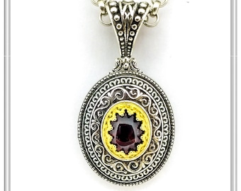 Byzantine Silver Filigree Pendant with Red Garnet, Oxidized Sterling Silver and 18 karat Gold Filled Setting. Red Garnet Byzantine necklace.
