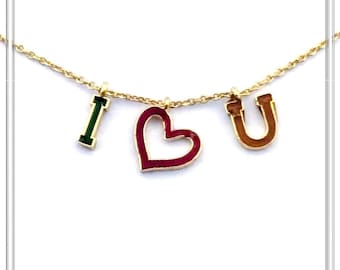 Personalized "I Love You" Red Heart Necklace: Sterling Silver 18K Gold Filled, Red Enamel