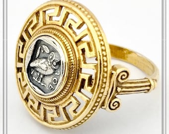 Tetradrachm Coin Statement Ring Owl of Athena goddess oxidized Sterling silver coin surrounded by Greek Key 18 karat gold filled silver.