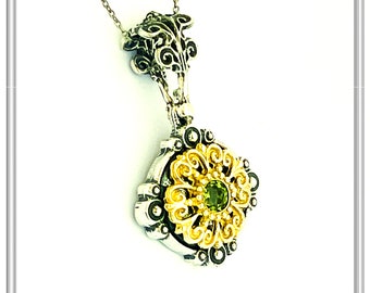 Byzantine sterling silver necklace with peridot, garnet, topaz or amethyst, silver oxidized with 18 karat gold filled filigree decoration.