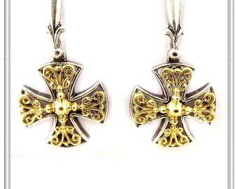 Byzantine Cross Earrings: Filigree Sterling Silver, 18K Gold-Filled